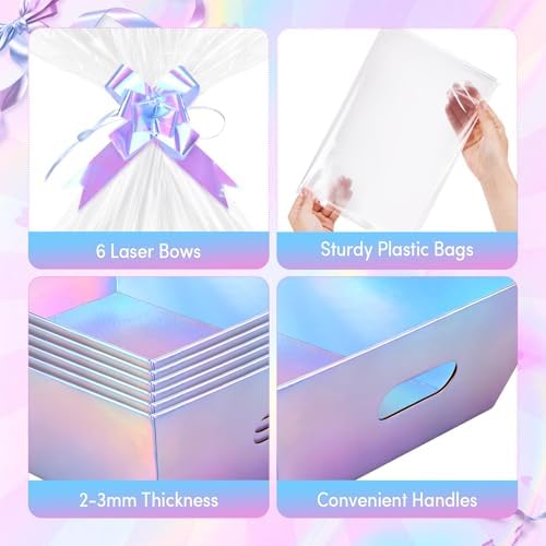 AFOROEOA 6PACK Laser Baskets for Gifts Empty, 12x10x4” Holographic Iridescent Gift Basket Kit with 6 Bows & 6 Bags - Kraft Empty Gift Baskets for Christmas, Weddings, Birthdays, Holiday Gifting Hampers - Image 5