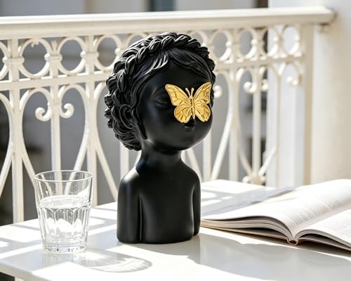 Black Cute Girl Statue with Gold Butterfly, 9 inch Resin Whimsical Sculpture for Nursery Living Room Decoration, Gift for Baby Shower Gender Reveals, Birthdays, Housewarmings, Mother’s Day - Image 6
