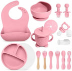 Silicone Baby Feeding Utensils Set for 6+ Months, 17 Pcs, Pink by Catvegue