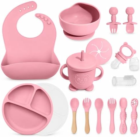 Silicone Baby Feeding Utensils Set for 6+ Months, 17 Pcs, Pink by Catvegue