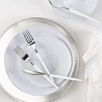 Luxe Party 128 Pieces Two Tone Plastic Disposable Cutlery | Forks-Spoons-Knives | Full Size | Chic Round | White and Silver - Image 5