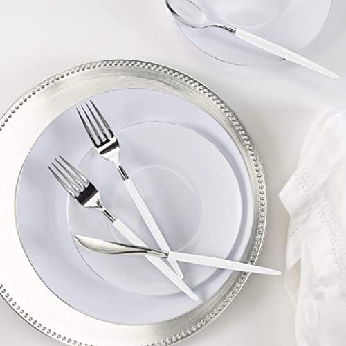 Luxe Party 128 Pieces Two Tone Plastic Disposable Cutlery | Forks-Spoons-Knives | Full Size | Chic Round | White and Silver - Image 5