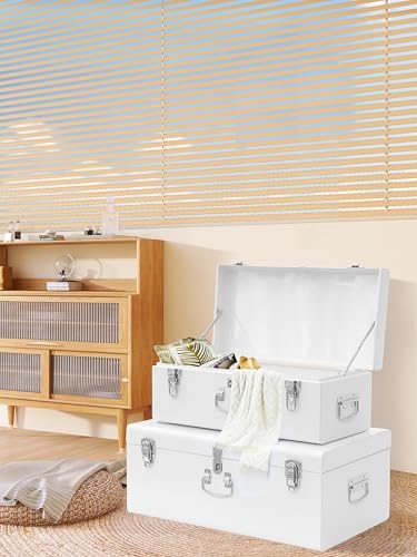 Vixdonos Decorative Large Metal Box Storage Trunk Chest Set of 2 College Dorm Organizer with Hardware Hasps and Handle for Home Deocr,23.7X14.2X9.5 Inches - Image 4