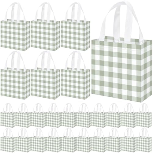 Lingvee 50 Pack Gingham Gift Bag Bulk Sage Green and White Theme Plaid Reusable Tote Bags with Handle Non Woven Candy Bags for Checkered Themed Birthday Baby Shower Party Decorations Supplies by Lingvee