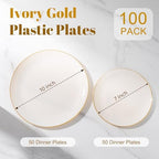 bUCLA 100PCS Ivory Plastic Plates with Gold Rim - Heavy Duty Cream Disposable Include 50 Dinner 10 inch & 50 Dessert 7 inch, for Party & Wedding - Image 2