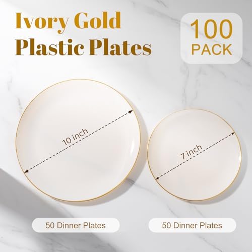 bUCLA 100PCS Ivory Plastic Plates with Gold Rim - Heavy Duty Cream Disposable Include 50 Dinner 10 inch & 50 Dessert 7 inch, for Party & Wedding - Image 2