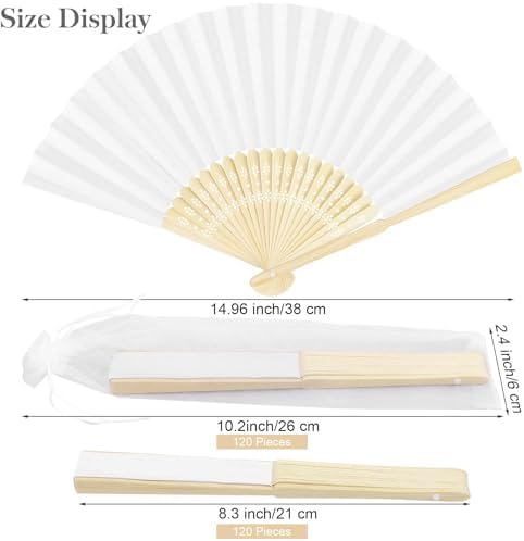 MCEAST 120 Pieces Wedding Handheld Paper Fans White Bamboo Folding Paper Fan with 120 Organza Bags Foldable Cool Wedding Favors Wedding Fans for Guests Party Favors DIY Decoration - Image 2
