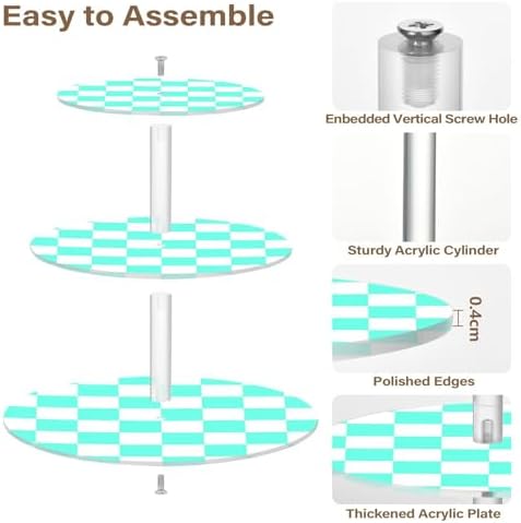J JOYSAY Chess Checkerboard Neon Light Blue White Print Acrylic Cupcake Stand 3 Tier Dessert Table Display Set Clear Cake Stands for Party Wedding Baby Shower Decorations Easy Assembly Macaron Tower - Image 2
