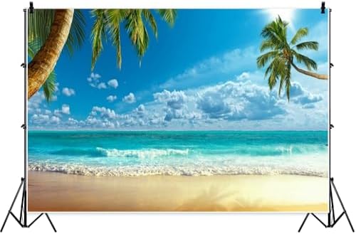 Laeacco Summer Seaside Beach Scenic Backdrop 15x10ft Tropical Beach Background Crooked Palms Blue Sky Clouds Surging Waves Scene Backdrop Wedding Photo Shoot Studio Birthday Luau Party Banner - Image 2