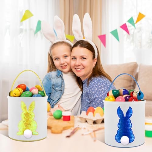 Honeydak 6 PCS Kids Basket, Colorful Sequined Bunny Canvas Bags - Image 6
