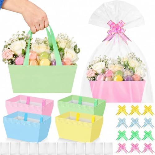 Funnymoom 24 Pcs Gift Basket Set Empty Pink Blue Green Yellow Boxes with Handle, Transparent Bags and Bow for Birthday Wedding Baby Shower Party Favor Packaging 9.8x6.5'' by Funnymoom