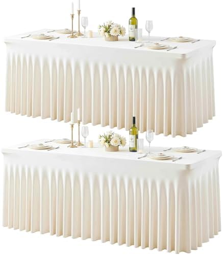 2 Pack Ivory Spandex Tablecloths for Rectangle Tables 8 Foot Ivory Stretch Table Cloth Rectangle 8ft Elastic Fitted Table Cover with Skirt for Wedding Birthday Party Banquet Baby Shower Buffet Event by Suppromo