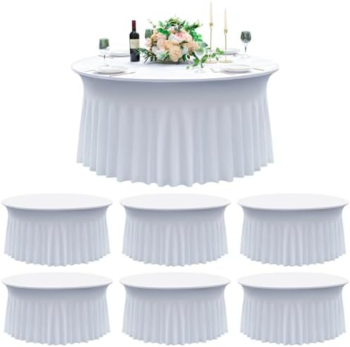 6 pk White Round Spandex Tablecloth for 60in Tables, Wrinkle Free Stretchy 120inch Fitted 5FT Table Cloths Round Table Covers with Skirt for Wedding Party Dining Banquet Events by Nobed+HHT