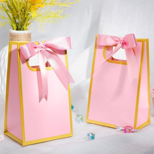 AmazingSpark 50 Pcs Pink Gold Mini Gift Bags Bulk 6.3 x 3.9 x 2.8 Inch Party Favors Elegant Small Gift Bags with Handles and Ribbon Bows for Wedding Birthday Bridal Baby Shower Party Favors - Image 3