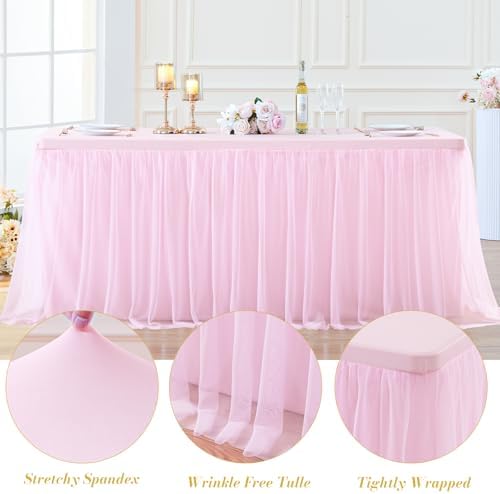 4 Pack Pink Table Cloth for 6 Foot Rectangle Tables, Pink Stretch Fitted Tulle Table Covers Skirt, Rectangular Ruffle Tutu Tablecloth Wedding Banquet Baby Shower Cake Tablecloths Decorations - Image 6