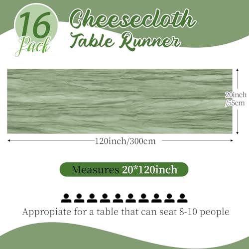 16 Pack Sage Green Cheesecloth Table Runners 20x120 Inch Gauze Table Runner Cheese Cloth 10FT Green Table Runner Rustic Sheer Runner for Wedding Baby Shower Birthday Party Table Decor - Image 2