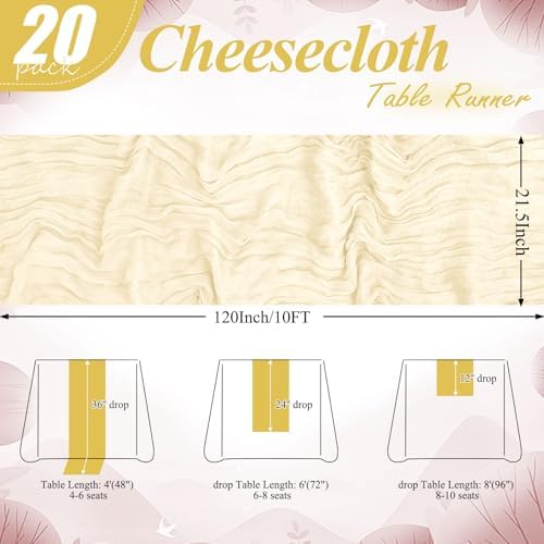 20 Pack Ivory Cheesecloth Table Runner 10FT Long Boho Gauze Fabric Table Runner Vintage Rustic Sheer Runners for Wedding Party Bridal Baby Shower Table Decorations - Image 2
