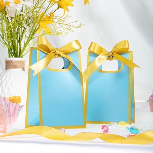 AmazingSpark 50 Pcs Light Blue Gold Mini Gift Bags Bulk 6.3 x 3.9 x 2.8 Inch Party Favors Elegant Small Gift Bags with Handles and Ribbon Bows for Wedding Birthday Bridal Baby Shower Party Favors - Image 2
