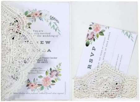20Pcs Laser Cut Pocket Wedding Invitation Covers, 4.9×7 Inch Trifold Lace Floral Invitation Sleeves with Envelopes (Ivory, 50 Pcs Blank) by Unknown
