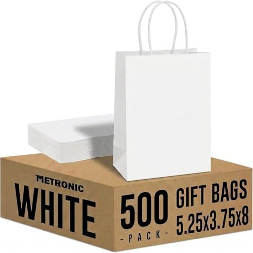 METRONIC White Paper Gift Bags 5.25 x 3.75 x 8 Inch 500 Pack by METRONIC