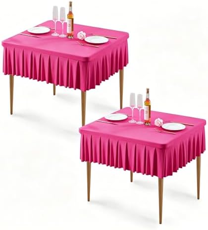 2 Pack Hot Pink Spandex Tablecloths for 34x34 Inch Square Tables, Stretch Fitted Table Clothes with Pleated Ruffle Skirt for 34” Table, Wrinkle Free and Elastic, for Party Kitchen Home Dining by WishCare