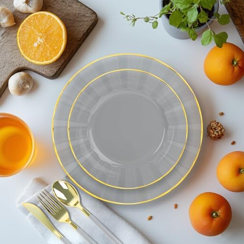 150Pcs Plastic Plates with Gold Rim,Heavy Duty Clear Plates for 30 Guests,Plastic Dinnerware Set Include 30 Dinner Plate,30 Dessert Plate,90 Gold Cutlery Set for Party (Clear) - Image 4