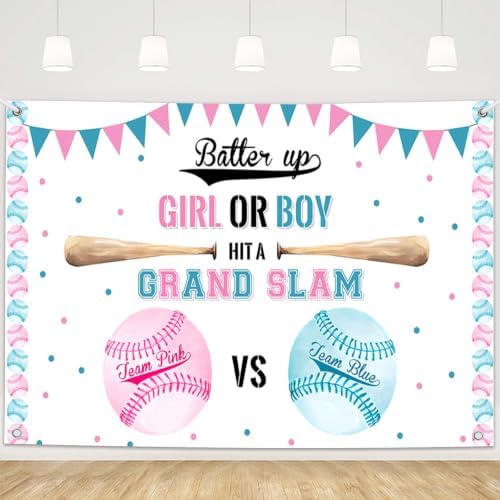 MEHOFOND Batter Up Baseball Gender Reveal Backdrop Team Pink vs Team Blue Banner Grand Slam Girl or Boy Sports Baby Shower Decorations Baseball Photo Booth Background Party Banner 8 x 6 ft by MEHOFOND