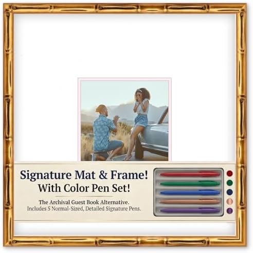 CountryArtHouse Signature Keepsake Frame - Square Mat Window - Gold Bamboo Genuine Hardwood 20x20 8x8 Photo - Pink Border Mat - Gel Pens Included for Guest Signing by CountryArtHouse