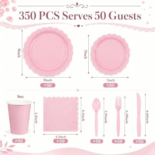 ArtSocket 350 Pack Disposable Party Tableware for 50 Guest, Pink Birthday - Image 3