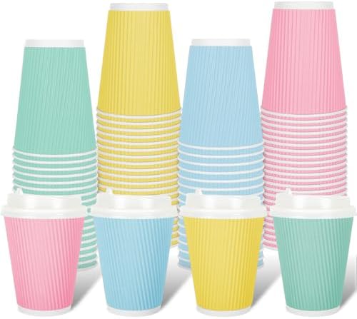 Whaline 100 Pcs Spring Pastel Color Disposable Coffee Cups with Lids Paper Cups 12 Oz Yellow Pink Blue Green Corrugated Ripple Wall Insulated Hot Cup for Spring Summer Home Office Party Supplies by Whaline