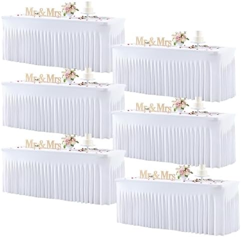 White Table Cloth for 8 Foot Rectangle Tables Fitted Stretch Spandex Table Cover with Skirt 8ft Baby Shower Birthday Party Banquet Ruffle Tablecloth Wedding Table Cloths Desk Skirt, 6 Pack by LittleFunny