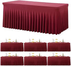6 Pack Burgundy Spandex Tablecloth for 8 Foot Rectangle Tables, Wrinkle Free Fitted Table Cloth Cover 8FT Maroon Stretchy Tablecloths with Skirt for Parties Weddings Birthday Banquet Baby Shower by Htper