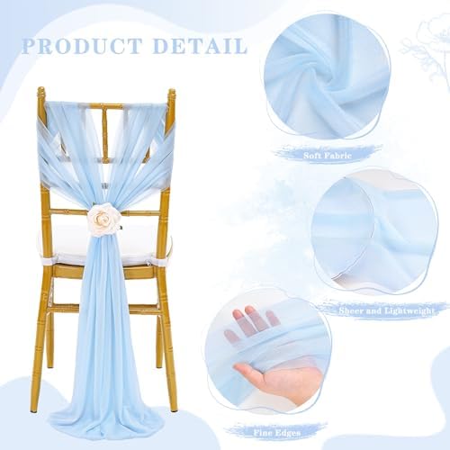 Aisle Chair Sashes Decorations Bulk: 32 Pieces Light Blue Sheer Draping Fabric - 8ft Long Chair Ribbons for Unicorn Party Dinner - Image 4