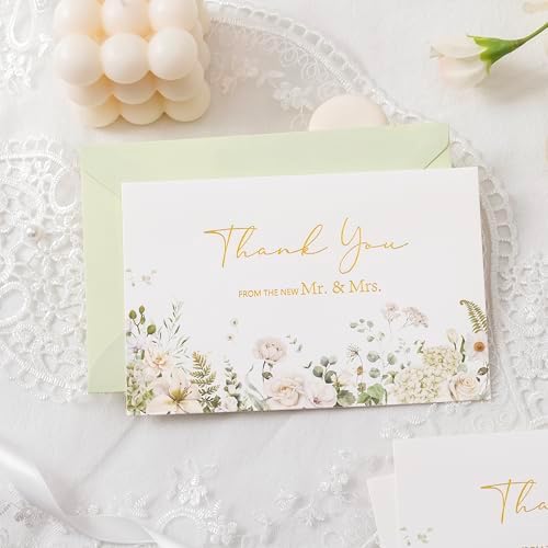Crisky Green Floral Wedding Thank You Cards with Envelopes & Stickers From Mr & Mrs, 100 Pack Gold Foil Eucalyptus Leaves Thank You Greeting Note Cards Bulk for Bridal Shower - Image 4