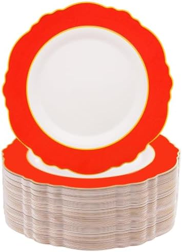 WDF 60pcs Red Plastic Plates with Gold Rim - 10.25inch Red Dinner Plates Disposable Plates for Mother's Day Wedding Party Birthday/Summer Party by WDF