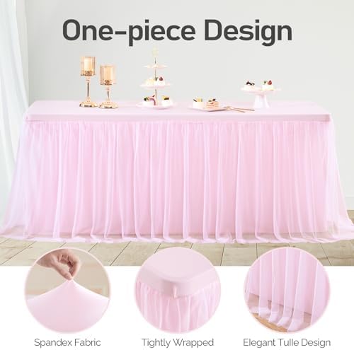 Pink Tablecloth for 8 Foot Rectangle Tables with Ruffle Tulle Table Skirt - Image 7