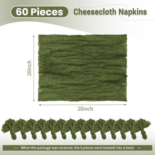 Cloth Napkins Set of 60 Olive Green Napkins 20x20inch Cheesecloth Napkin Rustic Boho Gauze Washable Dinner Napkin Cloth Bulk for Wedding Party Bridal Baby Shower Thanksgiving Table Decor - Image 2