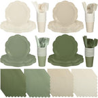 Qinyoung 388 Pcs Sage Green and Beige Plates and Napkins Party Supplies Tableware Include Disposable Scalloped Plate Paper Napkin Cup Plastic Cutlery for Baby Shower Party Wedding Birthday, 48 Sets by Qinyoung