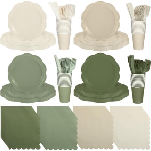 Qinyoung 388 Pcs Sage Green and Beige Plates and Napkins Party Supplies Tableware Include Disposable Scalloped Plate Paper Napkin Cup Plastic Cutlery for Baby Shower Party Wedding Birthday, 48 Sets by Qinyoung