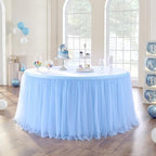 167in Baby Blue Tulle Table Skirts for Rectangle Tables 6/8ft, 2-Layer Gold Grim Ruffle Tulle Tutu Blue Cloth Table Skirt 14ft Decor Boy Birthday Party Baby Shower Cake Dessert Tables(No Table Cover) - Image 2