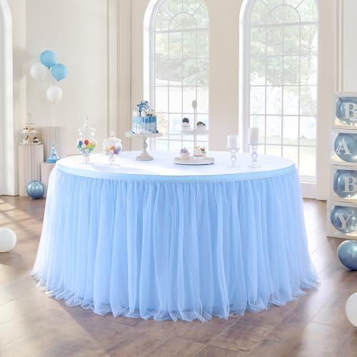167in Baby Blue Tulle Table Skirts for Rectangle Tables 6/8ft, 2-Layer Gold Grim Ruffle Tulle Tutu Blue Cloth Table Skirt 14ft Decor Boy Birthday Party Baby Shower Cake Dessert Tables(No Table Cover) - Image 2
