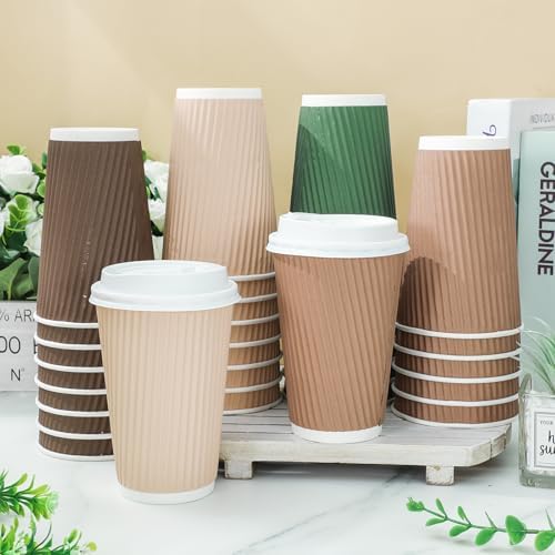 Whaline 100 Pcs Woodland Themed Disposable Coffee Cups with Lids 16 Oz Brown Green Paper Cup Corrugated Ripple Wall Insulated Hot Cup for Home Office Party Supplies - Image 4