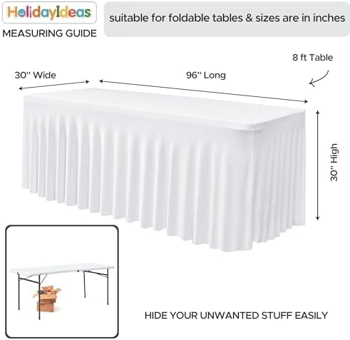 2 Pack White Spandex Table Covers 8ft Rectangle Ruffle Skirts for Party - Image 5