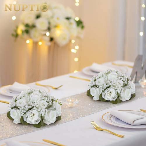 NUPTIO Flower Balls for Table Centerpieces: White Fake Flowers, 8.6 Inch - Image 2