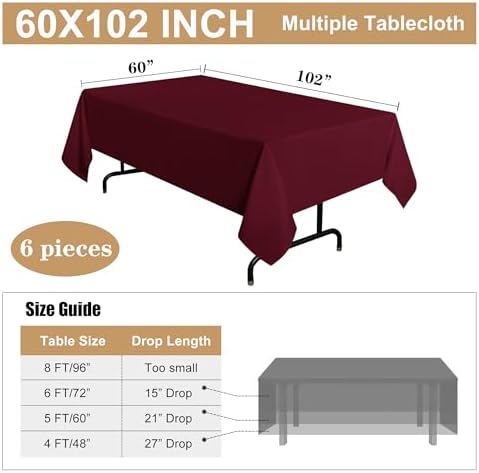 sancua 6 Pack Burgundy Tablecloths 60x102 Inch for 6 Feet Rectangle Tables - Image 7