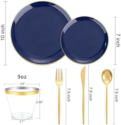 bUCLA 150PCS Blue and Gold Plastic Plates - 25 Guests Navy Blue Plastic Dinnerware Disposable for Party & 4th of July - Include 25 Dinner/Dessert Plates, 25 Knives, 25 Forks, 25 Spoons, 25 Cups - Image 2