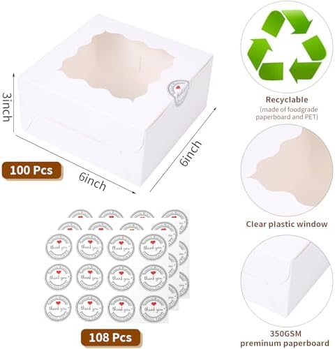 100 pcs 6x6x3 Inches Small Cake Box with Window, 6 inch Cookie Boxes Bakery Pastry, Mini Pie container for Pastry,Dessert,Strawberries,Chocolates, Cupcakes with paper stickers (White) - Image 2