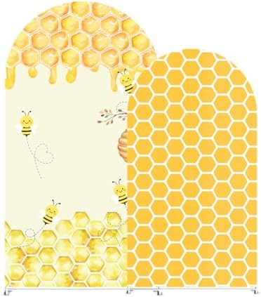 2PCS Bee and Honeycomb Arch Backdrop Covers, Yellow Stretch Fabric for Baby Shower and Birthday Party Decorations, Fits (7.2ft,6ft) by agogos