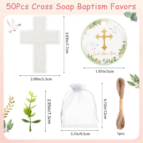 50Sets Baptism Party Favors for Guests Cross Scented Soap Gift Bulk with Thank You Tags and Organza Bags for Christening First Communion Baby Shower Gender Reveal Wedding Bridal Party Decoration - Image 2