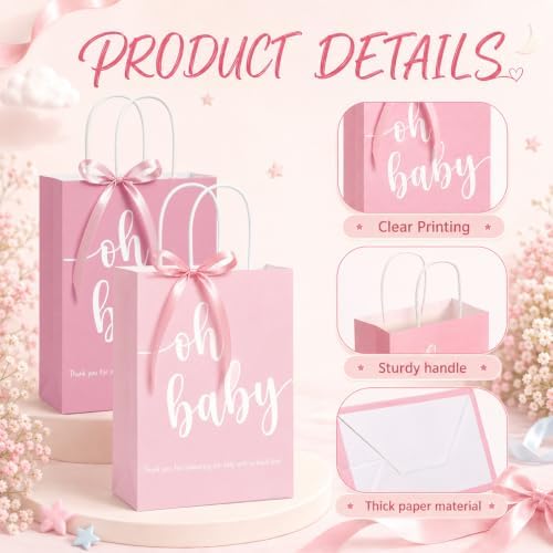 Gersoniel 50 Packs Baby Shower Gifts Bags Bulk 5.91 x 3.15 x 8.27 Inches Baby Shower Favor Bags with Handle Ribbon Thank You Gift for Party Favor for Guests Gifts Gender Reveal (Pink) - Image 2
